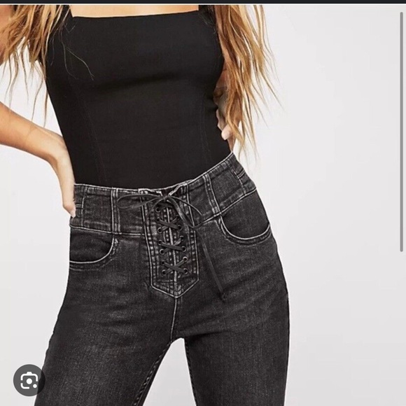 We The Free People Curvy Lovers Knot Black High Waist Lace Up Skinny Jeans 25 - Picture 4 of 12